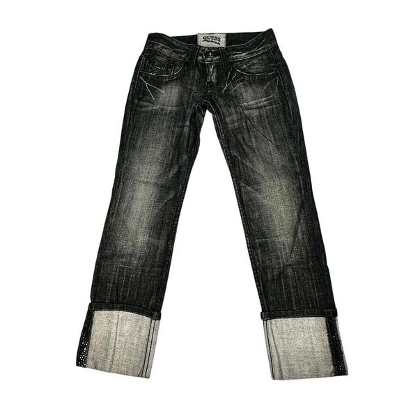 Guess Premium Stretch Black Stone Wash Capri Embellished Cuffed Jeans Women’s 27 - Picture 1 of 16